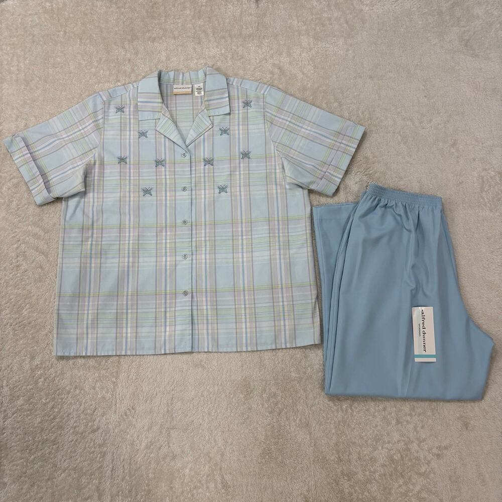 Alfred Dunner Womens 16W Blue Butterfly Plaid 2 Piece Pant Set Pants NWT